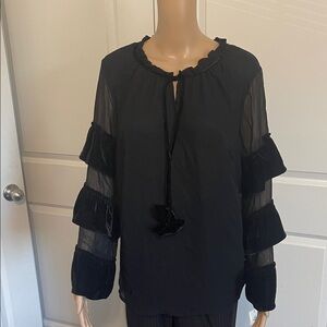 Style & Co Mixed-Media Sheer-Sleeve Women's Blouses Black Plus Size 0X
